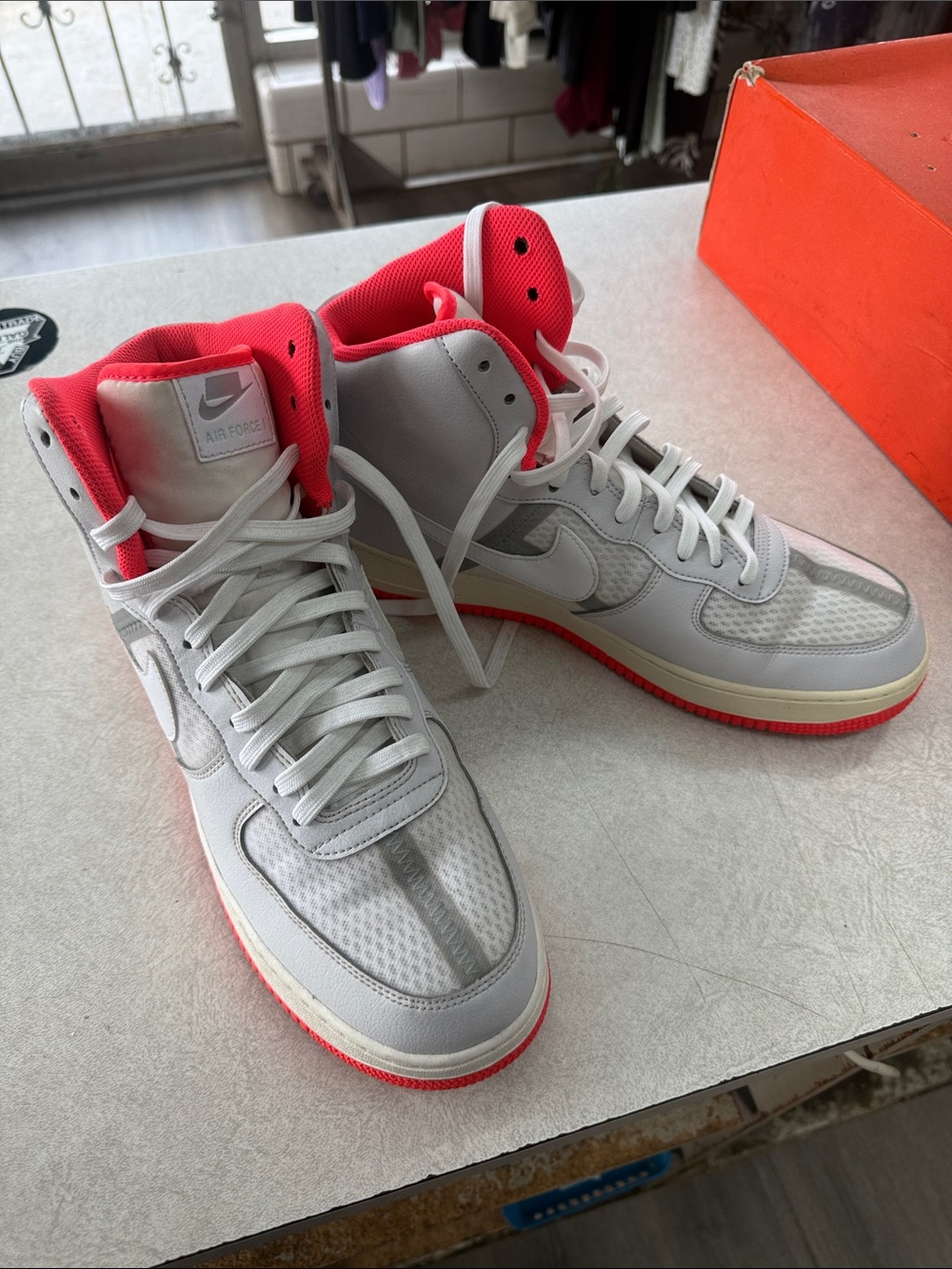 Nike High-Top Air Force 1 Sneakers in Light Gray and Bright Orange